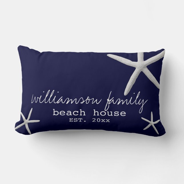 Beach House Coastal Starfish Navy Blue Lumbar Pillow (Front)