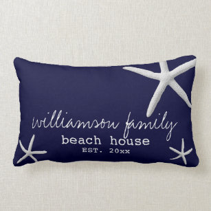 Beach House Coastal Starfish Navy Blue Lumbar Pillow