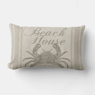 Beach House Crab Seashore Coastal Vintage Lumbar Pillow
