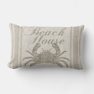Beach House Crab Seashore Coastal Vintage Lumbar Pillow