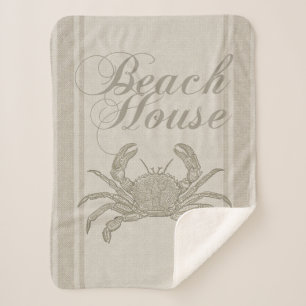 Beach House Crab Seashore Coastal Vintage Sherpa Blanket