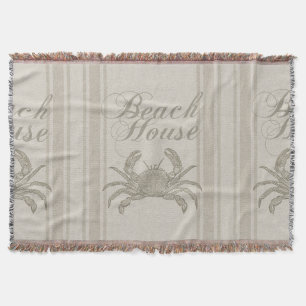 Beach House Crab Seashore Coastal Vintage Throw Blanket