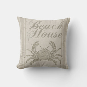 Beach House Crab Seashore Coastal Vintage Throw Pillow