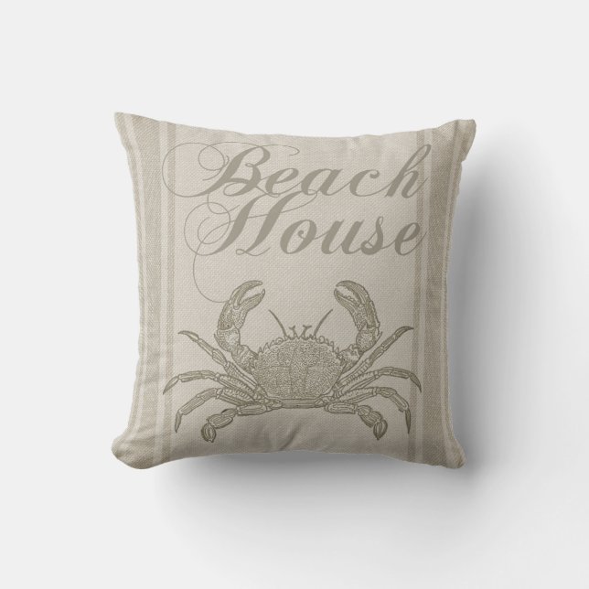 Beach House Crab Seashore Coastal Vintage Throw Pillow (Front)