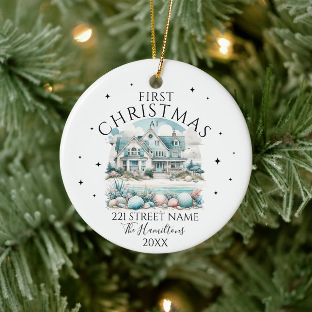 Beach House Custom Christmas Ceramic Ornament (Tree)