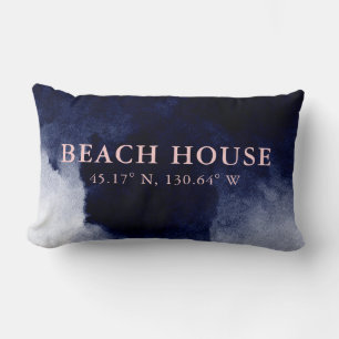 Beach House Custom Coordinates Navy Blue Lumbar Pillow