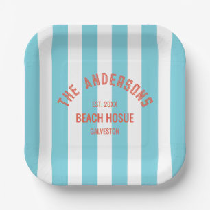 Beach House Custom Name Blue Cabana Stripe Paper Plate