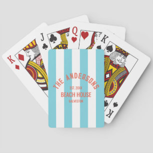 Beach House Custom Name Blue Cabana Stripe Playing Cards