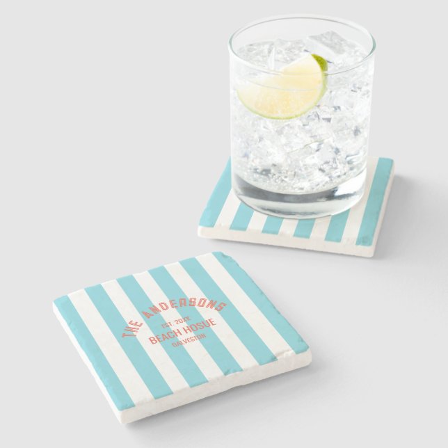 Beach House Custom Name Blue Cabana Stripe Stone Coaster (Side)