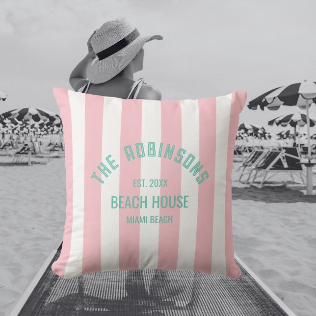 Beach House Custom Name Pink Cabana Stripe Outdoor Pillow (Creator Uploaded)
