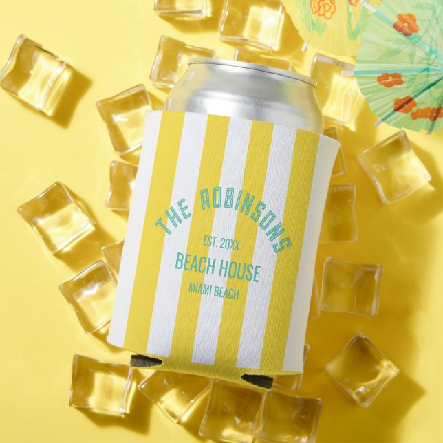 Beach House Custom Name Yellow Cabana Stripe Can Cooler (In Situ Summer)
