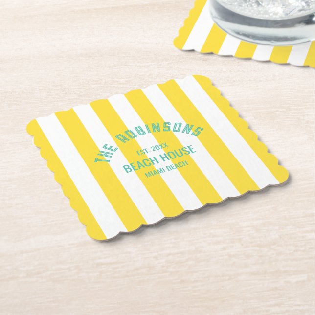 Beach House Custom Name Yellow Cabana Stripe Paper Coaster (Angled)