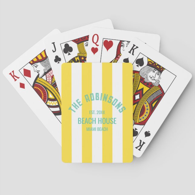 Beach House Custom Name Yellow Cabana Stripe Playing Cards (Back)