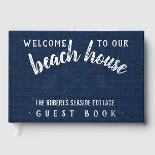 Beach House Customized Vacation Rental Navy Silver Guest Book