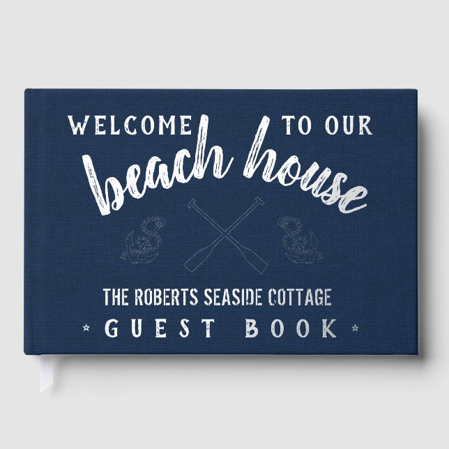 Beach House Customized Vacation Rental Navy Silver Guest Book (Front)
