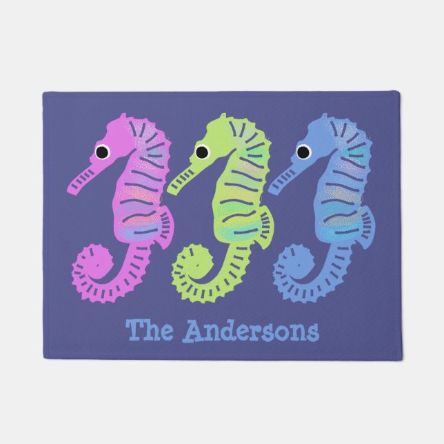 Beach House Cute Colourful Seahorses Personalized Doormat (Front)