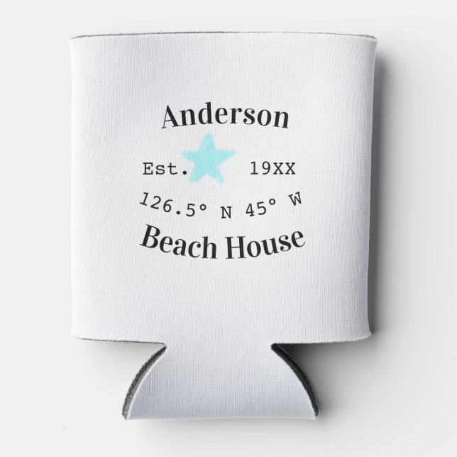 Beach house Date year custom coordinates add est. Can Cooler (Front)