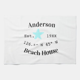 Beach house Date year custom coordinates add est. Kitchen Towel