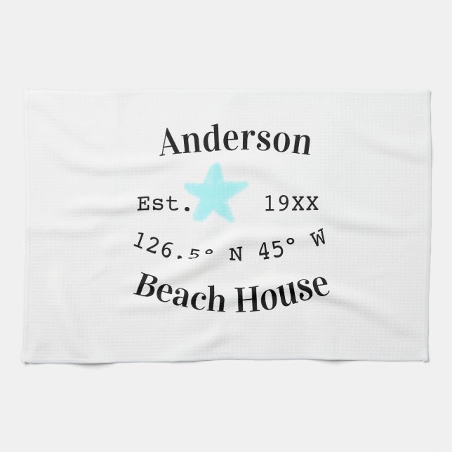 Beach house Date year custom coordinates add est. Kitchen Towel (Horizontal)