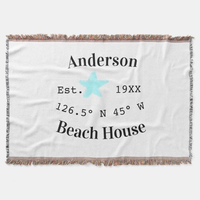 Beach house Date year custom coordinates add est. Throw Blanket (Front)