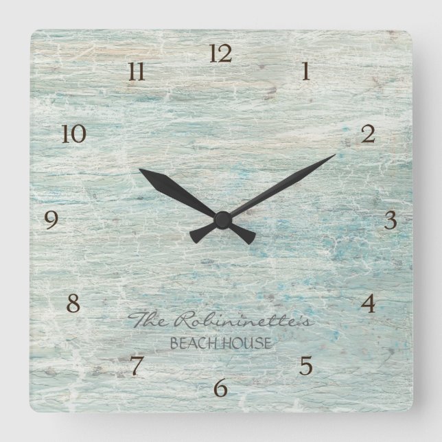 Beach House Driftwood Ocean Coastal Seashore Square Wall Clock (Front)
