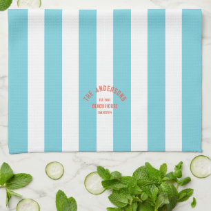 Beach House Family Name Blue Cabana Stripe Kitchen Towel