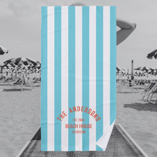 Beach House Family Name Blue Cabana Stripe Towel