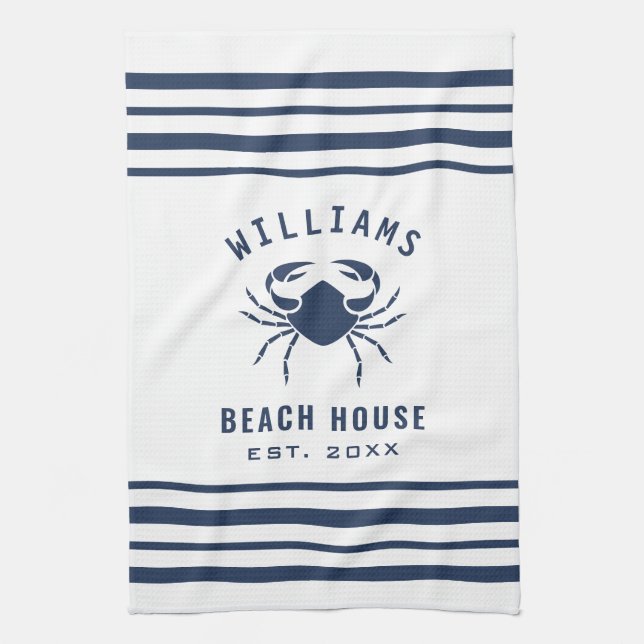 Beach House Family Name Crab Navy Blue And White Kitchen Towel (Vertical)