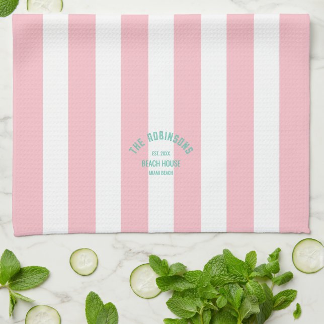 Beach House Family Name Pink Cabana Stripe Kitchen Towel (Folded)