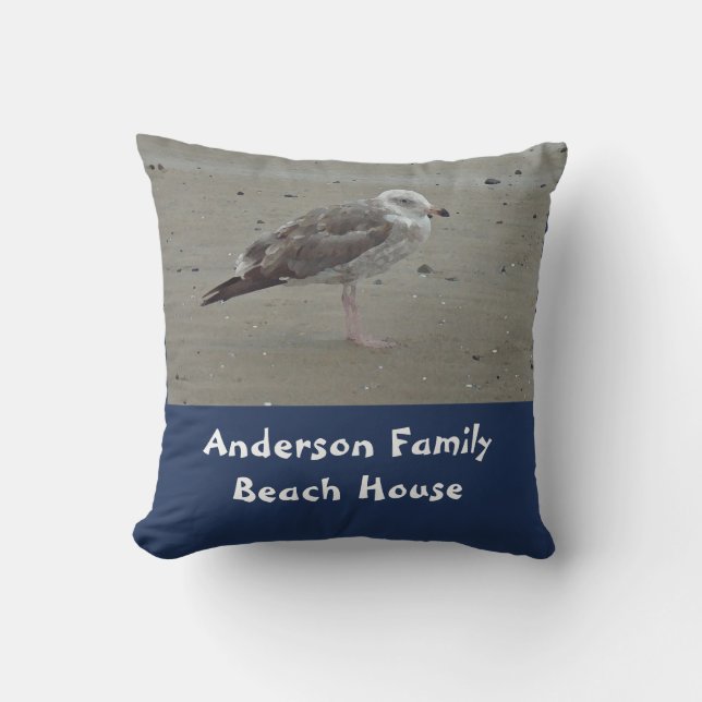 Beach House Family Name Unique Seagull Shore Bird Throw Pillow (Front)