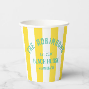 Beach House Family Name Yellow Cabana Stripe Napki Paper Cups