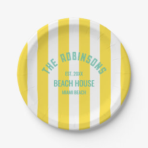Beach House Family Name Yellow Cabana Stripe Paper Plate