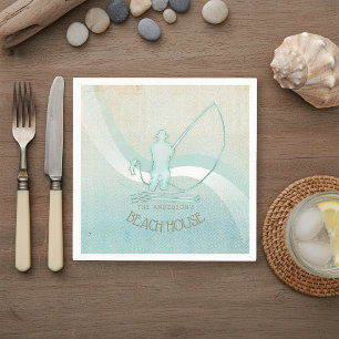 Beach House Fisherman Silhouette Aqua Blue ID623 Napkin