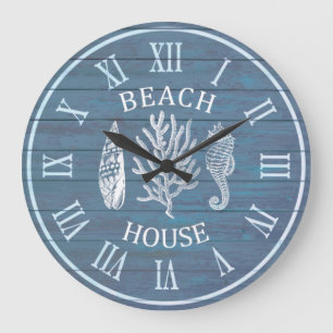 Beach House Grey Blue Wood Coral Seahorse Large Cl Clock