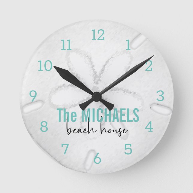 Beach House Modern Sand Dollar Turquoise Ocean Round Clock (Front)