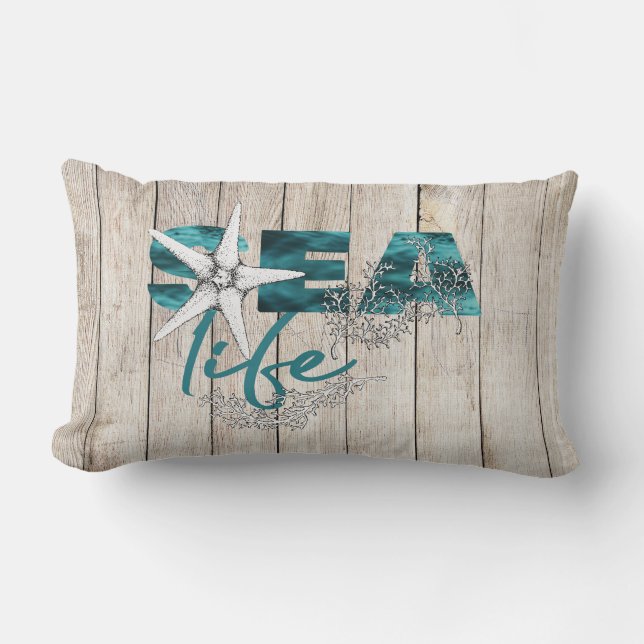 Beach house modern sea life typography barn wood lumbar pillow (Front)