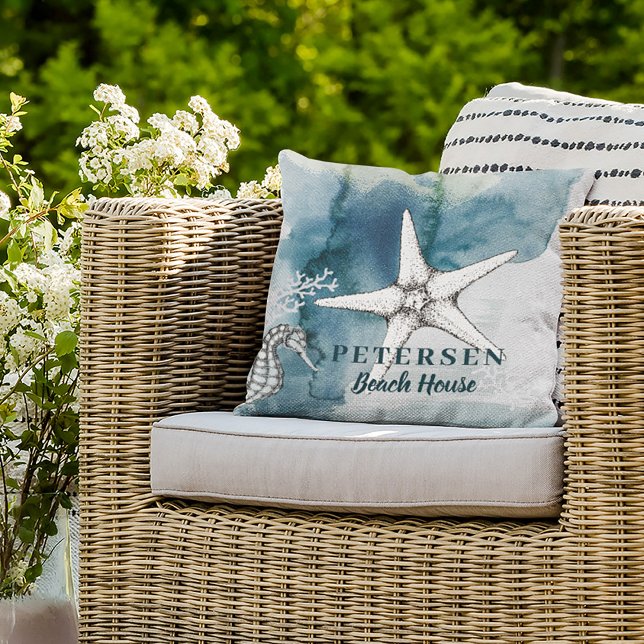 Beach house modern white starfish family name outdoor pillow (Creator Uploaded)