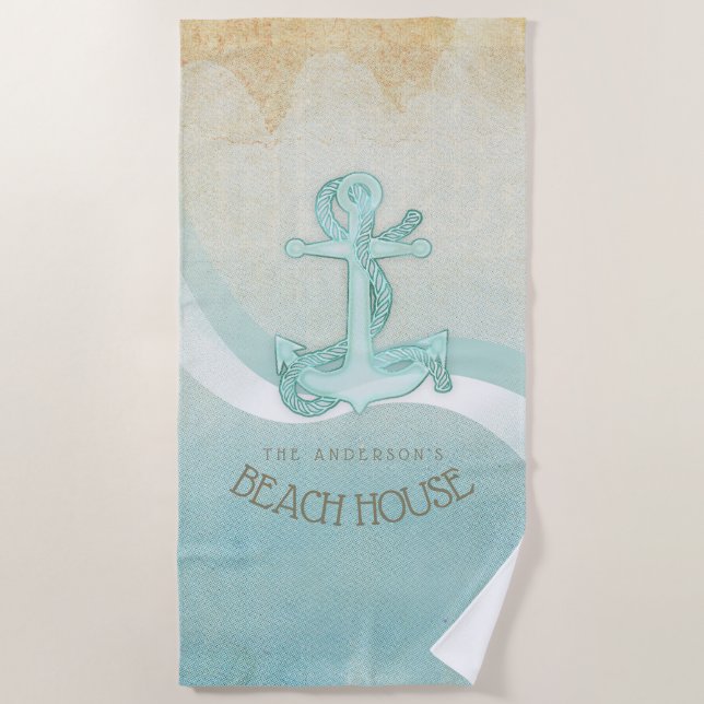 Beach House Nautical Anchor and Rope Aqua ID623 Beach Towel