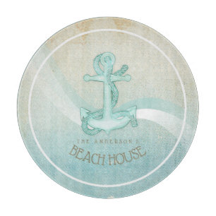 Beach House Nautical Anchor and Rope Aqua ID623 Cutting Board