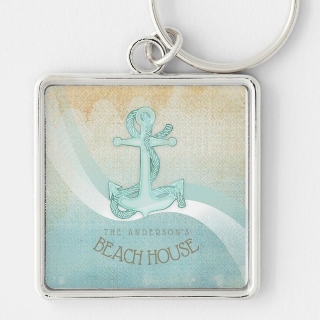 Beach House Nautical Anchor and Rope Aqua ID623 Keychain (Front)