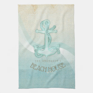 Beach House Nautical Anchor and Rope Aqua ID623 Kitchen Towel
