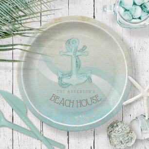 Beach House Nautical Anchor and Rope Aqua ID623 Paper Plate