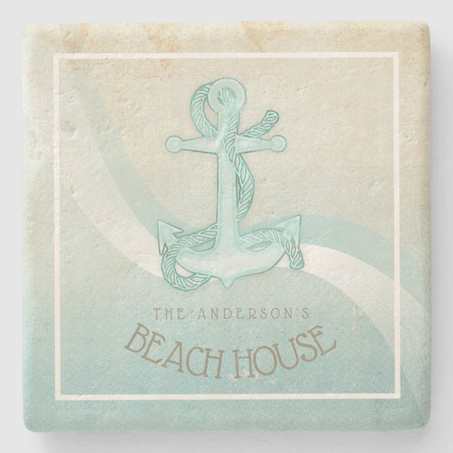Beach House Nautical Anchor and Rope Aqua ID623 Stone Coaster (Front)