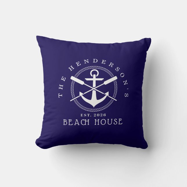 Beach House  Nautical Anchor Blue décor Vacation Throw Pillow (Front)