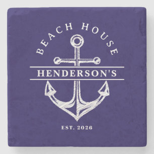 Beach House Nautical Anchor Blue navy Vacation Stone Coaster