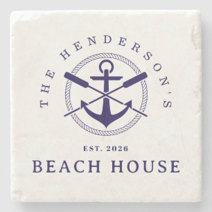 Beach House  Nautical Anchor Blue navy Vacation Stone Coaster