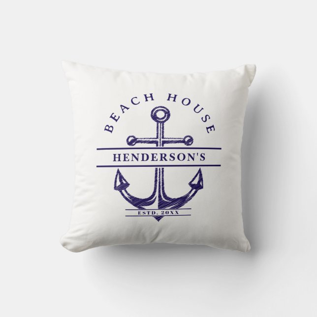 Beach House Nautical Anchor Blue Throw Pillow (Front)