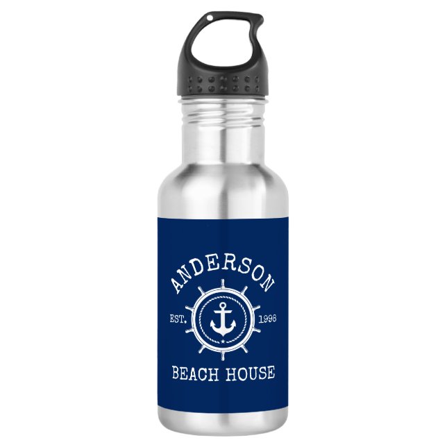 Beach House Nautical Anchor Rope Helm Navy Blue 532 Ml Water Bottle (Front)