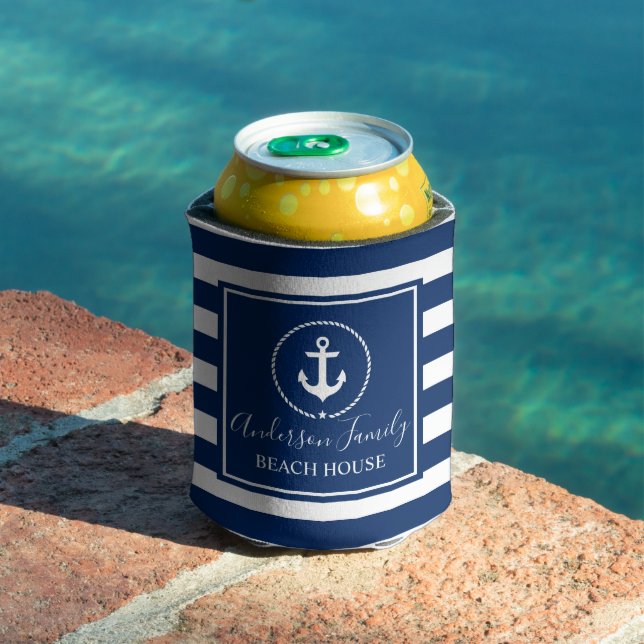 Beach House Nautical Anchor Rope Star Blue Striped Can Cooler (In Situ Pool)