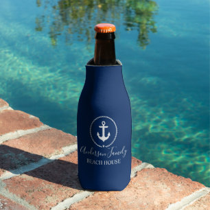 Beach House Nautical Anchor Rope Star Navy Blue Bottle Cooler